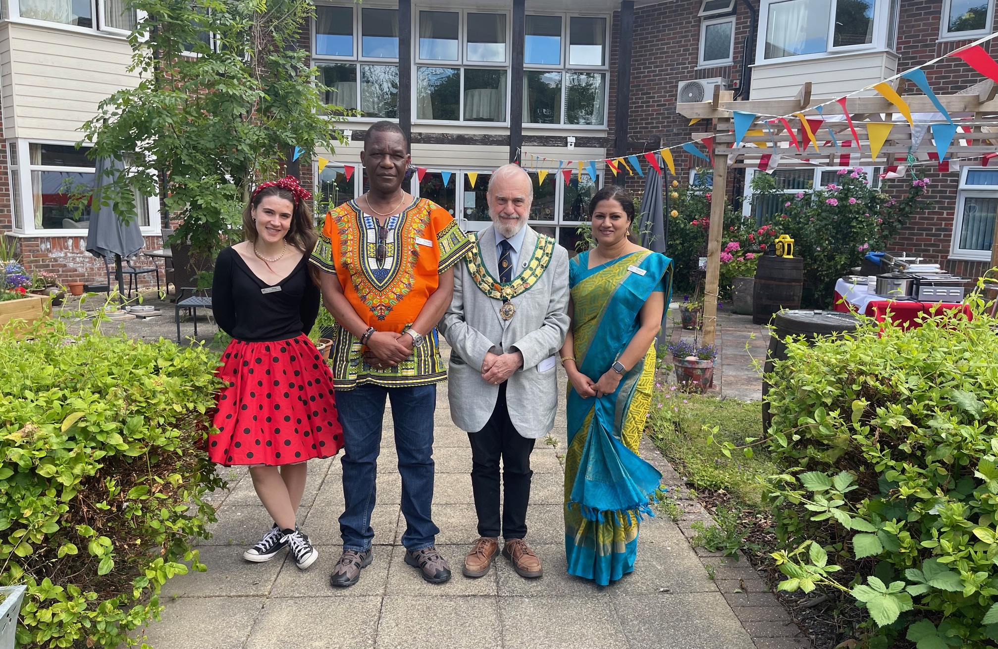 (l-r) Megan Humphries, Activities Co-ordinator, Tobias Matonhodze, Home Manager, Mayor of Didcot, Cllr Andrew Jones, Swapna Nandanan, Head of Care