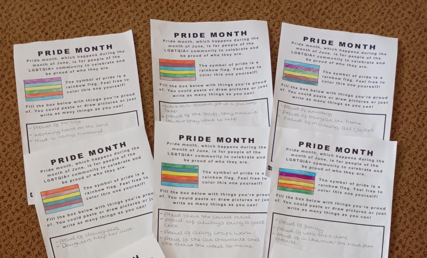 Pride posters completed by residents at Skirbeck Court.
