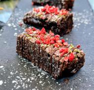 A homemade chocolate brownie.