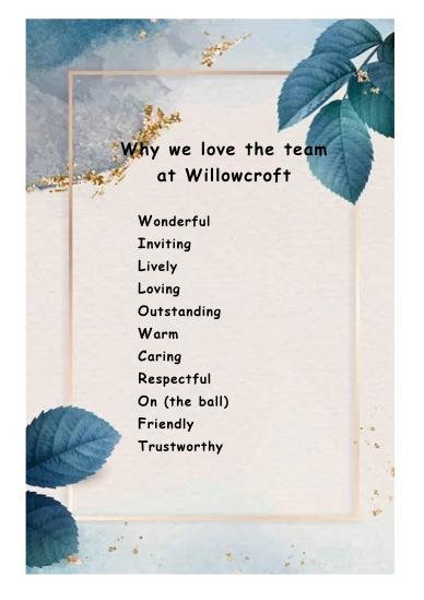 Poem written by residents for their carers on Professional Care Workers Week.