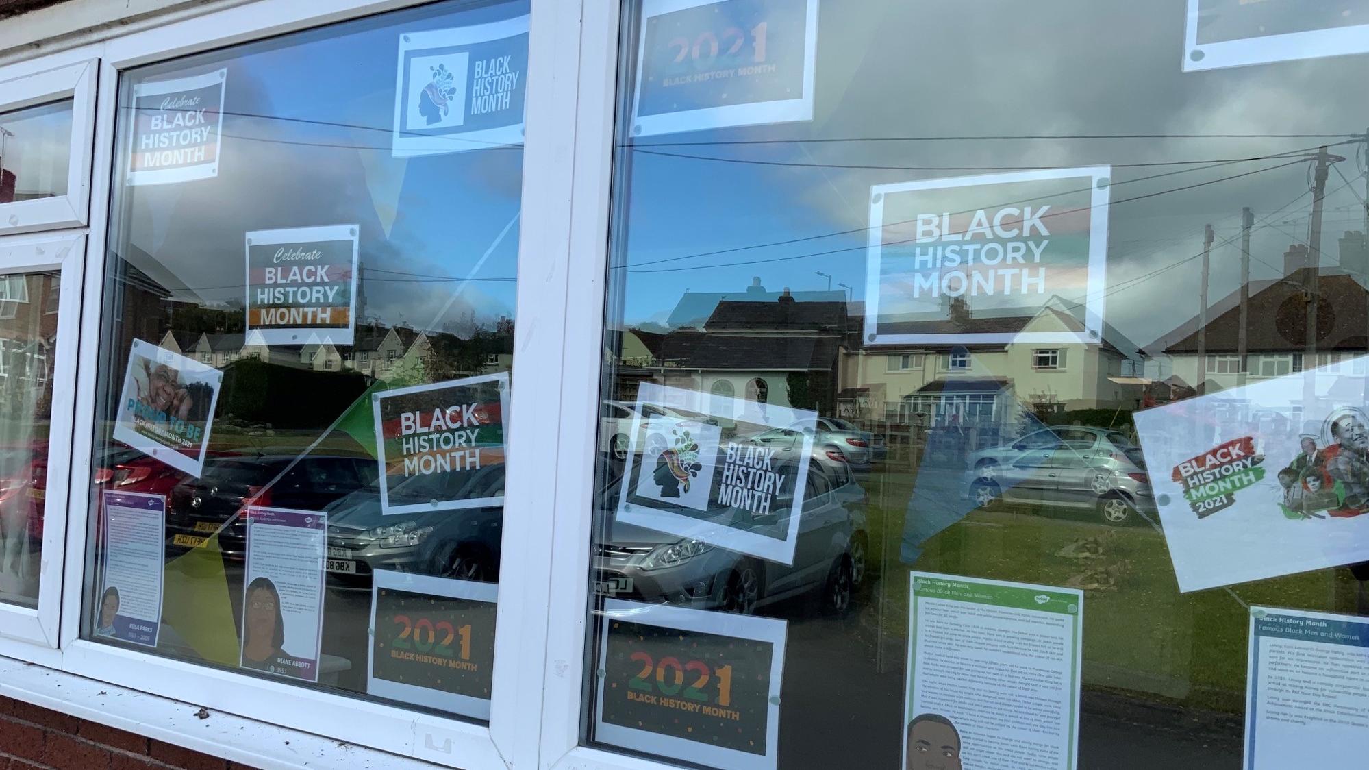 Buckland Court's window with Black History Month display