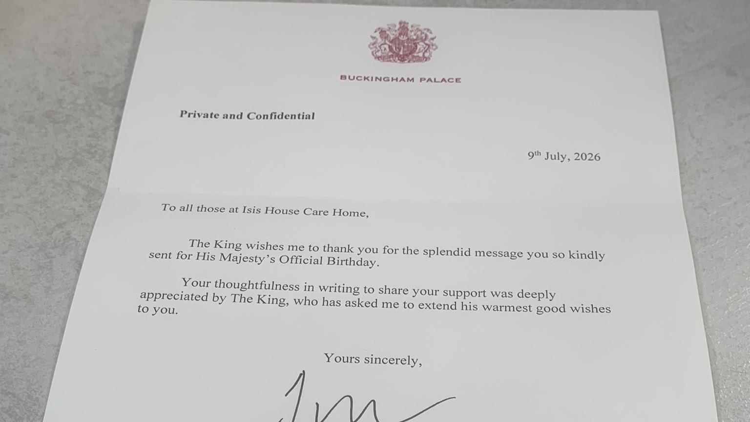 Thank you letter from HRH King Charles