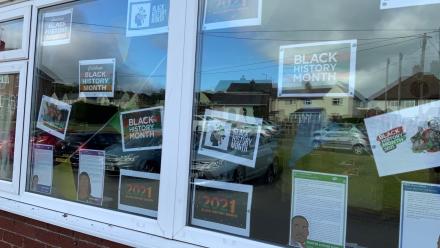 Buckland Court's window with Black History Month display