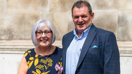 Sally pictured with her husband Adrian Burns after the Orders of Malta investiture mass