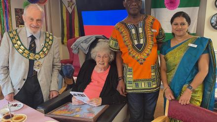 (l-r) Mayor of Didcot, Cllr Andrew Jones,Sheila Phillips, resident, Tobias Matonhodze, Home Manager, Swapna Nandanan, Head of Care